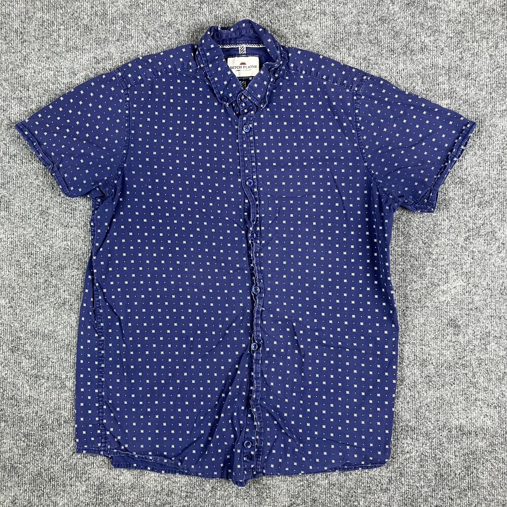 Ditch Plains Button-Up Shirt Mens M Blue White Print Short Sleeve Casual‎